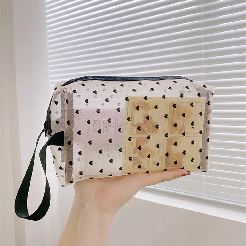 

5 Styles Travel Transparent Mesh Cosmetic Bag Portable Zipper Toiletry Organizer Lipstick Storage Pouch with Love Pattern