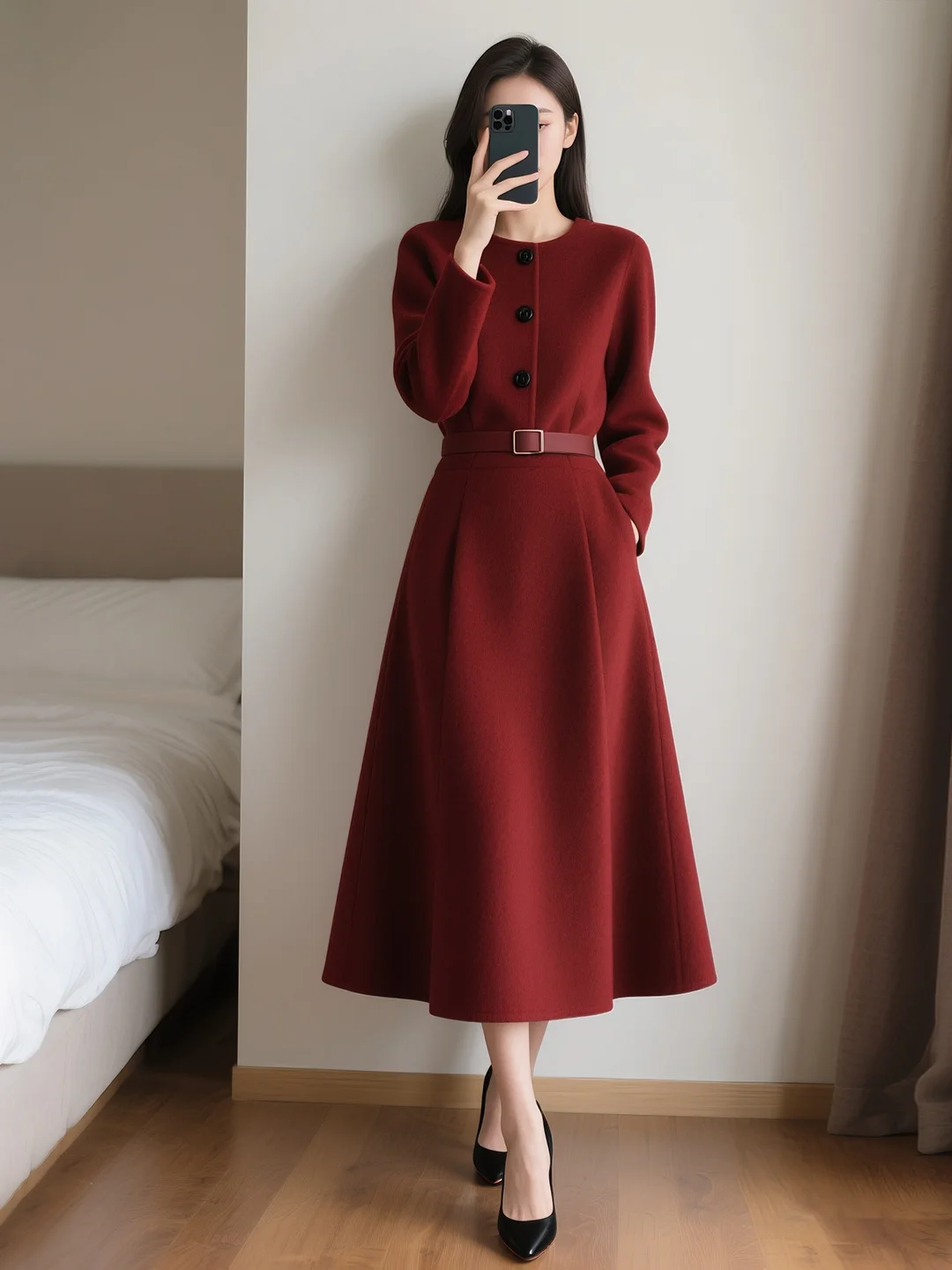 

Retro Red Midi Dr Slimming Women's Faionable New Year's Long Skirt High Waist A-Line Polyester Fiber Long Sve round Ne