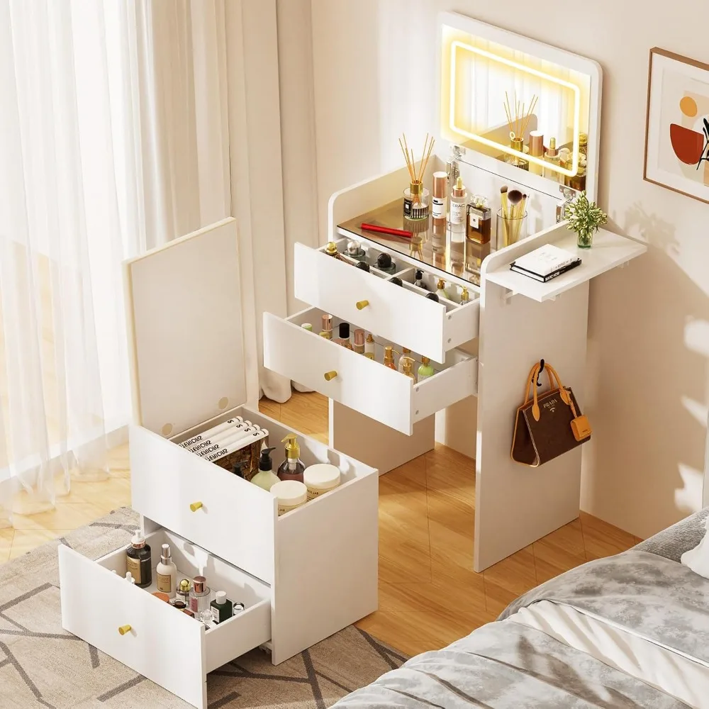 مكتب مكياج مدمج 3 في 1 مع سطح زجاجي ومرآة قلابة وأدراج تخزين