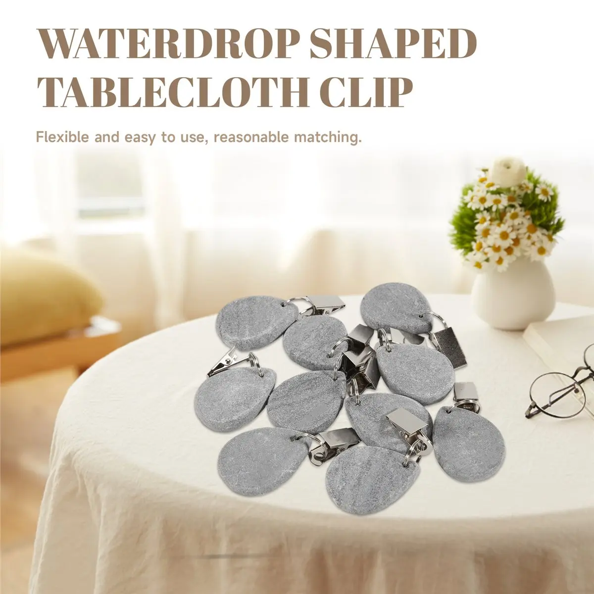 newA10R 10-Piece Set of Light Gray Marble Tablecloth Weights with Teardrop Pendants and Stainless Steel Clip for Outdoor Picnics