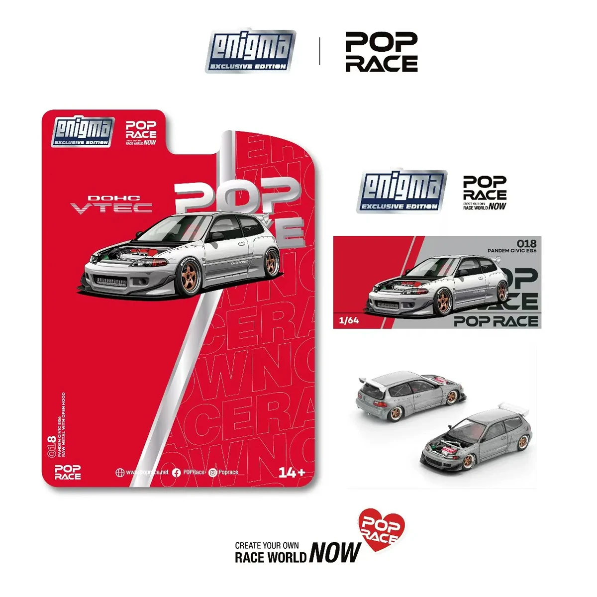 Pop Race x Enigma Exclusive Edition 1:64 Honda Civic Pandem EG6 (Open Hood) Diecast Model Car In Stock Ready To Ship
