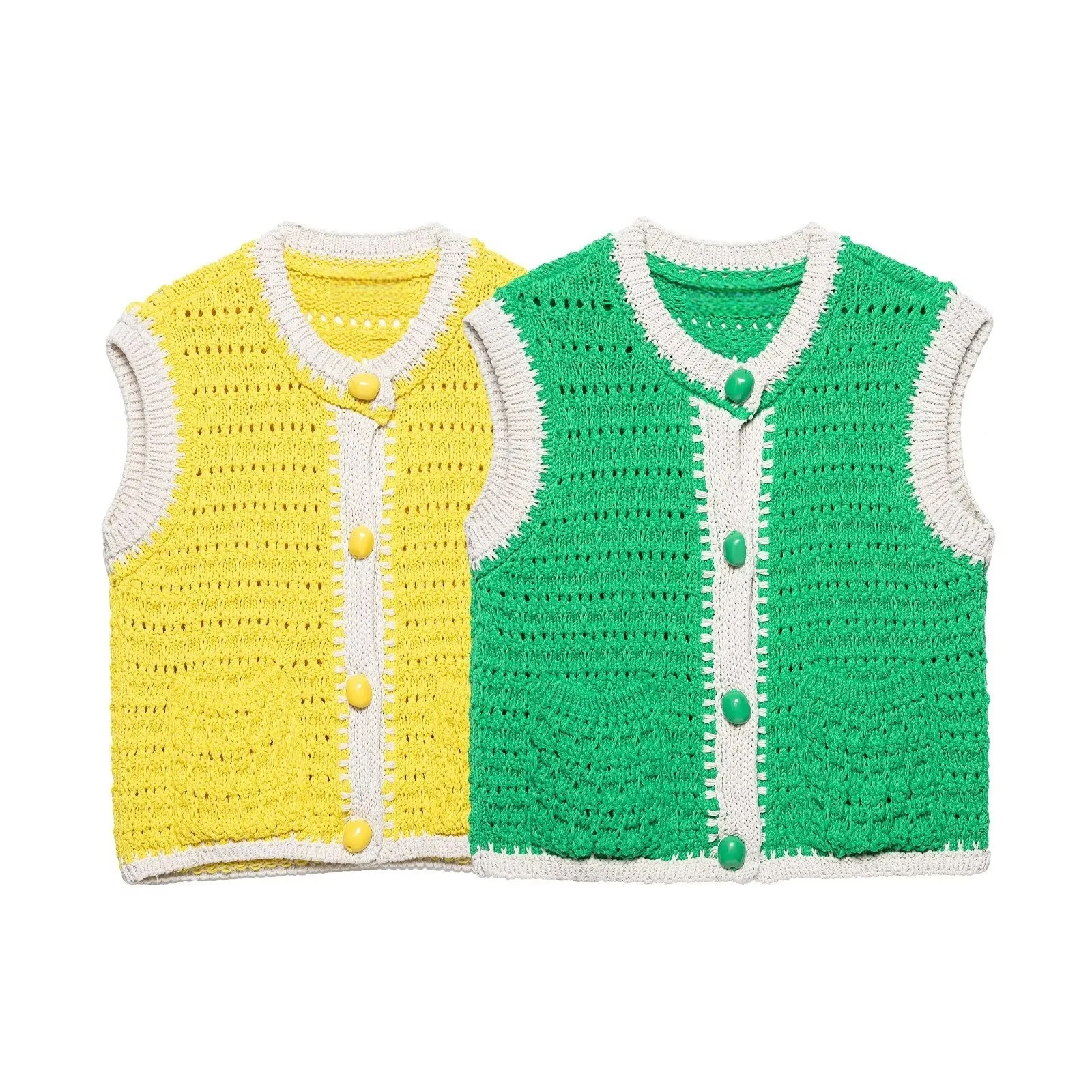

UNIZERA2025 Summer New Women's Casual Simple Contrast Color Buttoned Round Neck Sleeveless Knitted Vest
