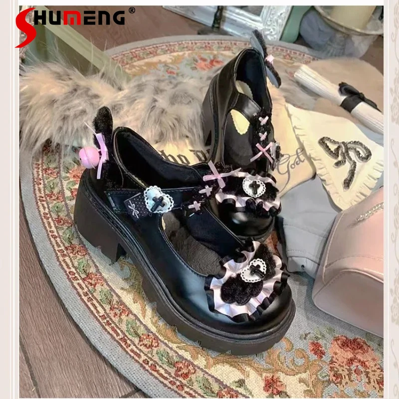 

Sweet Cool Heart Belt Buckle Thick Sole Mary Jane Shoes Beautiful Y2k Black Chunky Heel Shallow Mouth Pumps Japanese New Flats