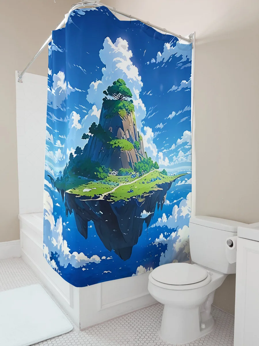 Sky Island Fantasy Shower Curtain Aerial Mountain View Lush Greenery Cloudy Sky Bath Decor Waterproof  Durable  Elevate Space