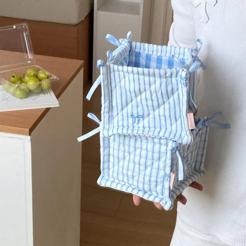 Quilted Storage Stationery Holder INS Casual Sweet Blue Stripe Bow Desktop Organizer for Beauty Products Snacks Scrapbook Pen