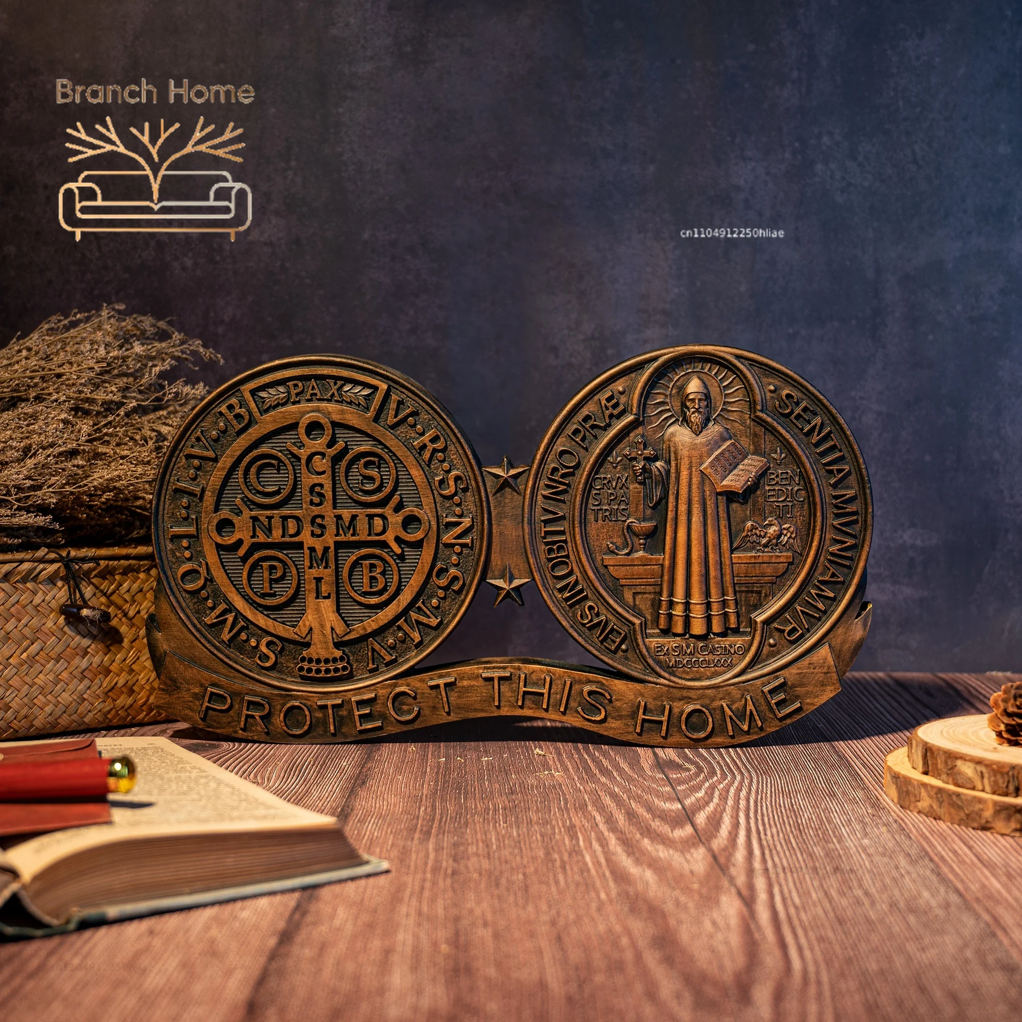 St. Benedict medal ornaments, Catholic religious items, Catholic medals, wooden decorations, exorcisms, family protection