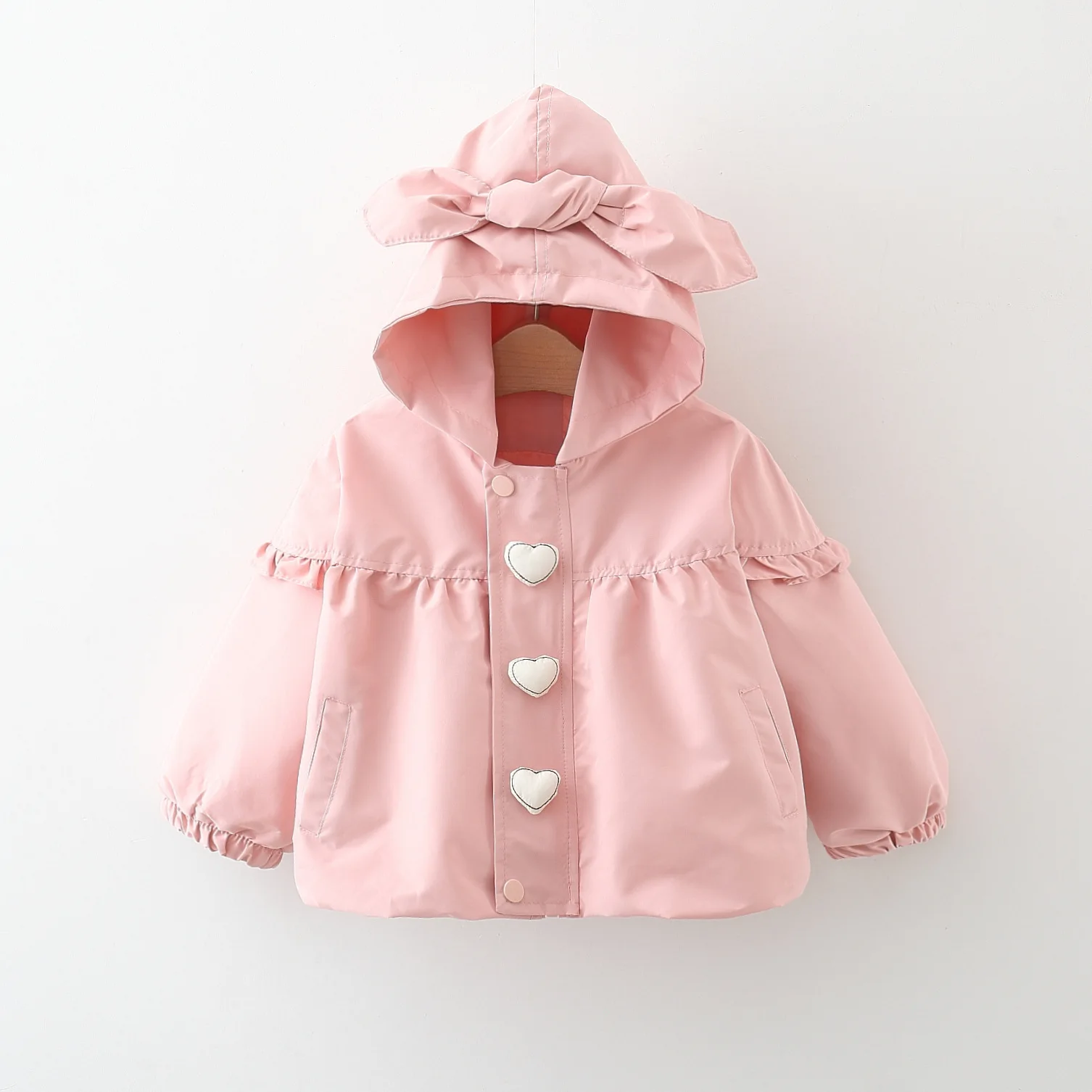 2024 autumn new three love bow hood solid color coat for girls Korean version solid color cardigan kids jacket