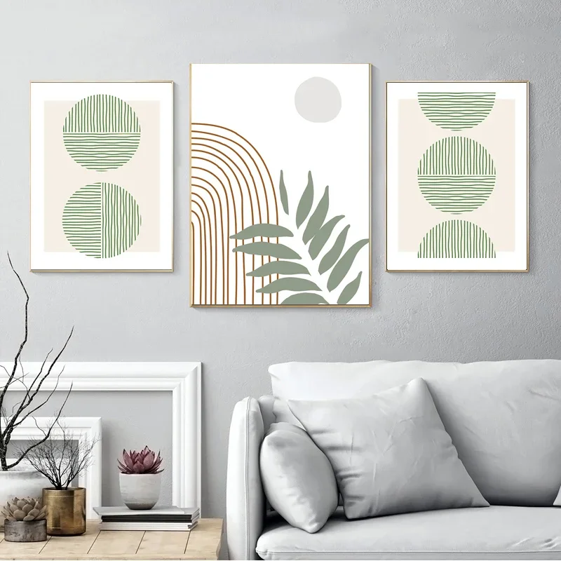 Línea verde hojas geometría abstracta Boho decoración de la habitación cuadro sobre lienzo para pared moderno póster nórdico e impresiones de pared