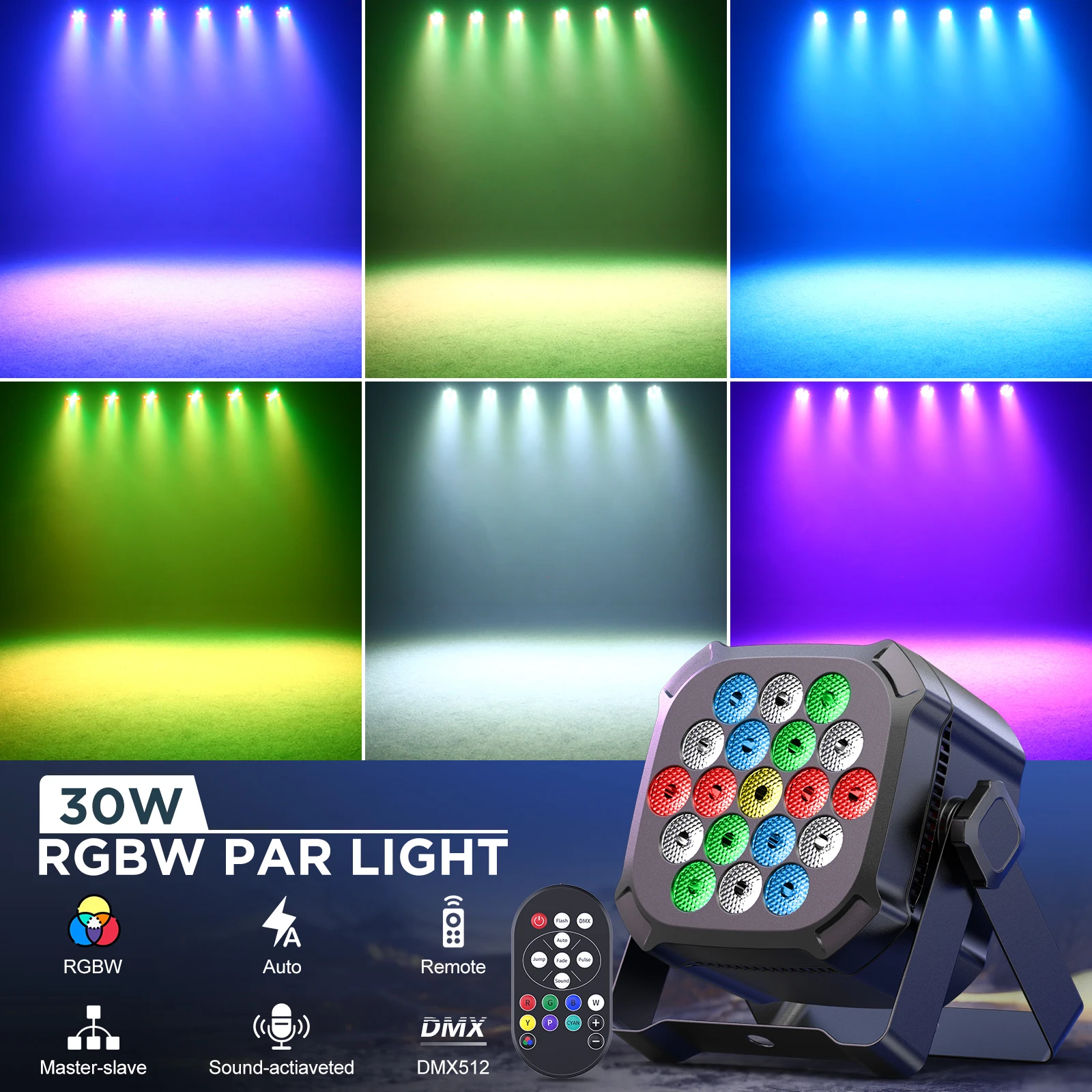 Fieryzeal 4PCS 30W RGBW Par Light RGBWYP+CYAN DJ Light DMX Control 19 LED Stage Light Effect for DJ Party Club Disco Wedding