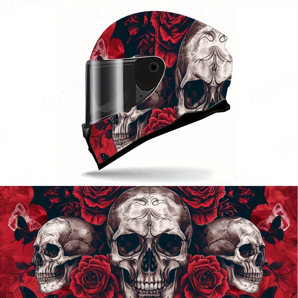 

Red Rose Skull Helmet Vinyl Wraps, Waterproof Scratch-Resistant Full Face Helmet Decals, Durable PVC Artistic Design, Instant He