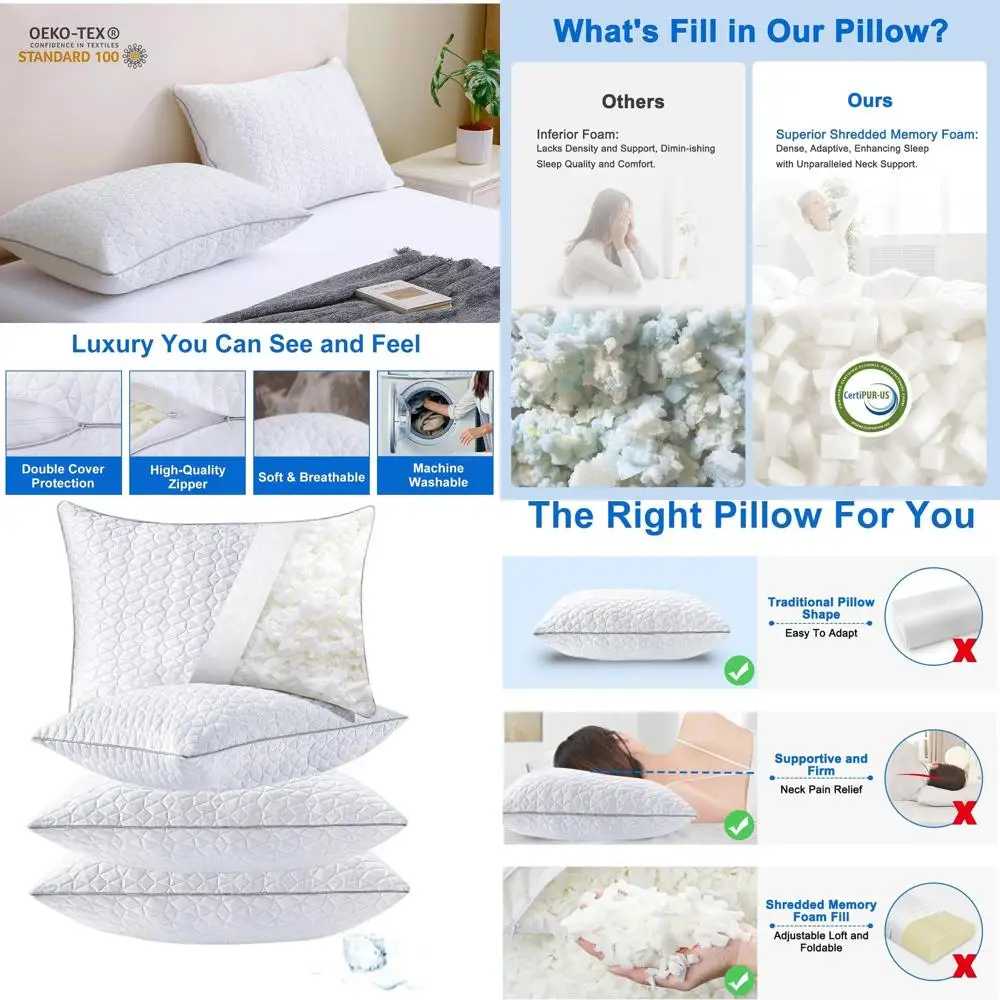 

Набор охлаждающих подушек King Size — 4 упаковки из измельченной пены с эффектом памяти, регулируемая прочность, моющиеся чехлы для горячих снастей