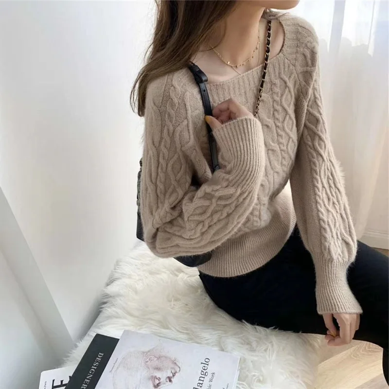 Autumn Winter Women\'s Pullover Square Collar Solid Screw Thread Lantern Long Sleeve Sweater Knitted Underlay Fashion Casual Tops