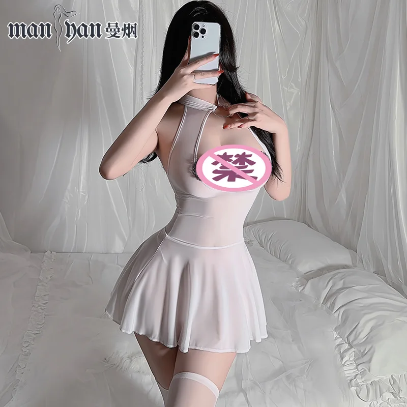 Womens Sexy Lingerie High Fork Cheongsam Pajamas Erotic High Slit Mini Dress Temptation Mini Qi Pao Sleepwear Open Chest Uniform