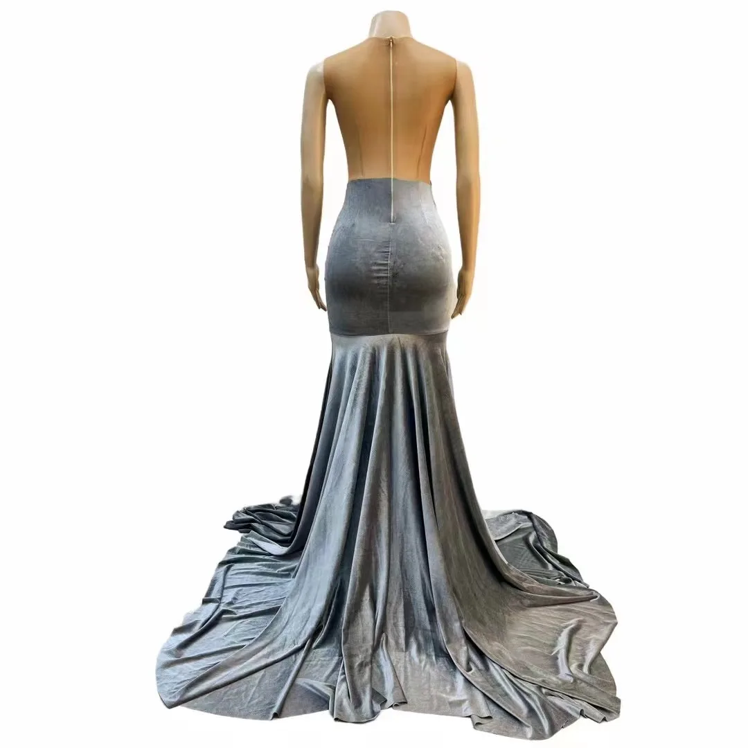 Sexy escenario lujoso gris plata diamantes de imitación vestido de tren grande noche cumpleaños celebrar disfraz Sexy sin mangas vestido para sesión de fotos