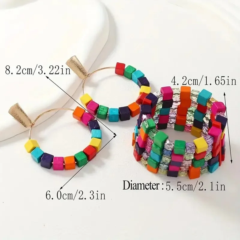 Boho Style Jewelry Set Made Of Wooden Cubic Beads Multi Colors Match Daily Outfits Party Accessory 1 Pairs Earrings + 1 Bracelet