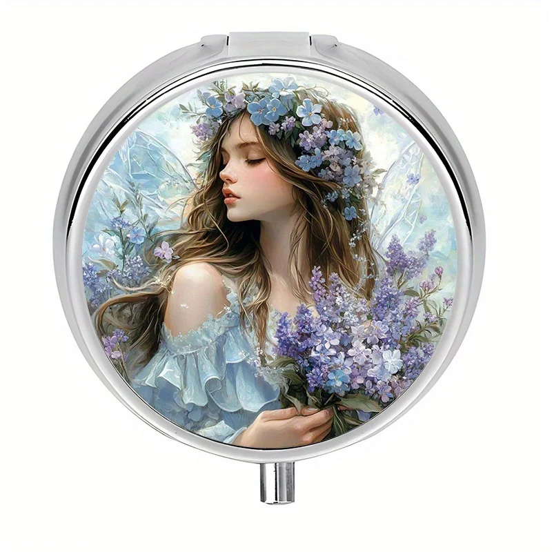 Single pack, portable travel pill box with 3 compartments, flower fairy mini decorative pill box, metal mini pill storage case, suitable for handbags or purses, a perfect and unique gift