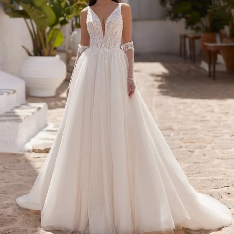 Shiny ivory white flower Appliques V-neck Wedding Dresses Sequin decal Lace off-shoulder Bridal Gowns Made Customized