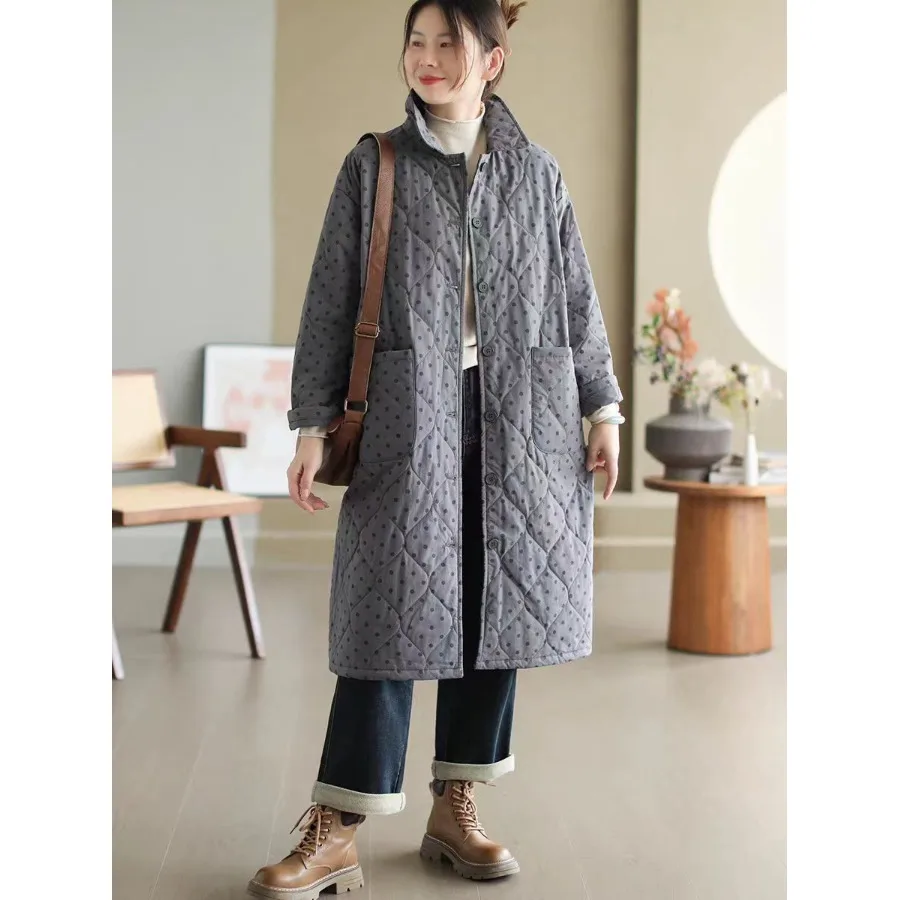 

Утепленное длинное хлопковое пальто женское в горошек, стеганая куртка, осенне-зимняя новинка, теплая верхняя одежда с воротником на одной пуговице