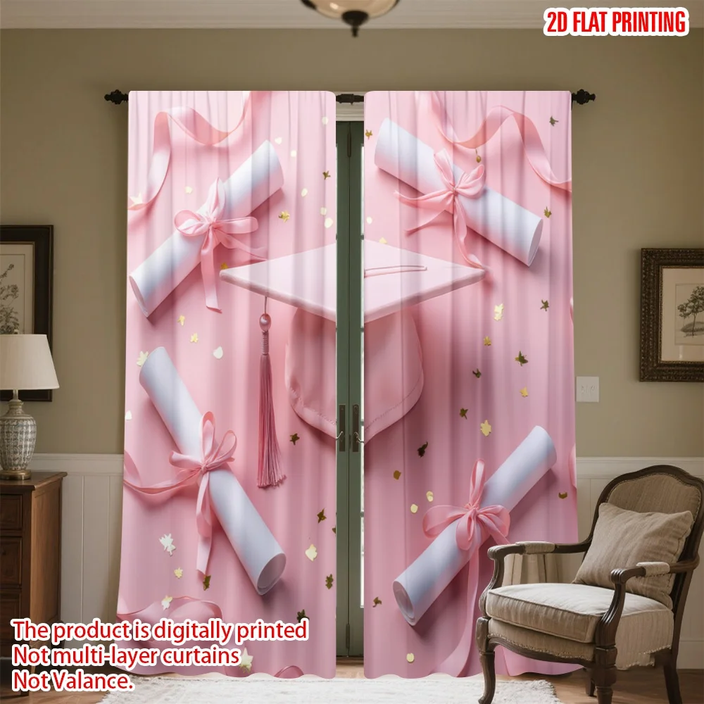 

2D flat printing 2pcs Scene Curtains Graduation Pink Celebration Digital Printed Polyester Drapes Holiday Decorations Use for