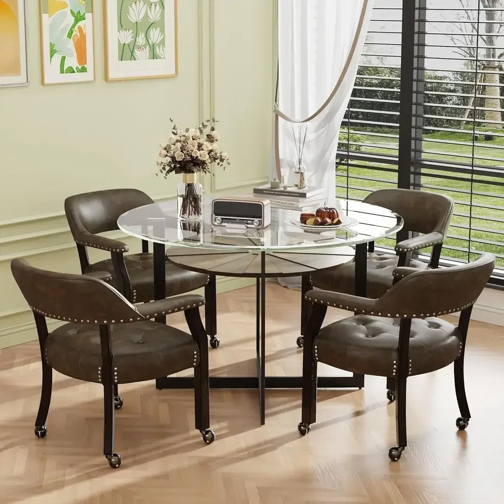 Caster-Equipped Wooden Office Desk Chair with Padded Upholstery and Arms