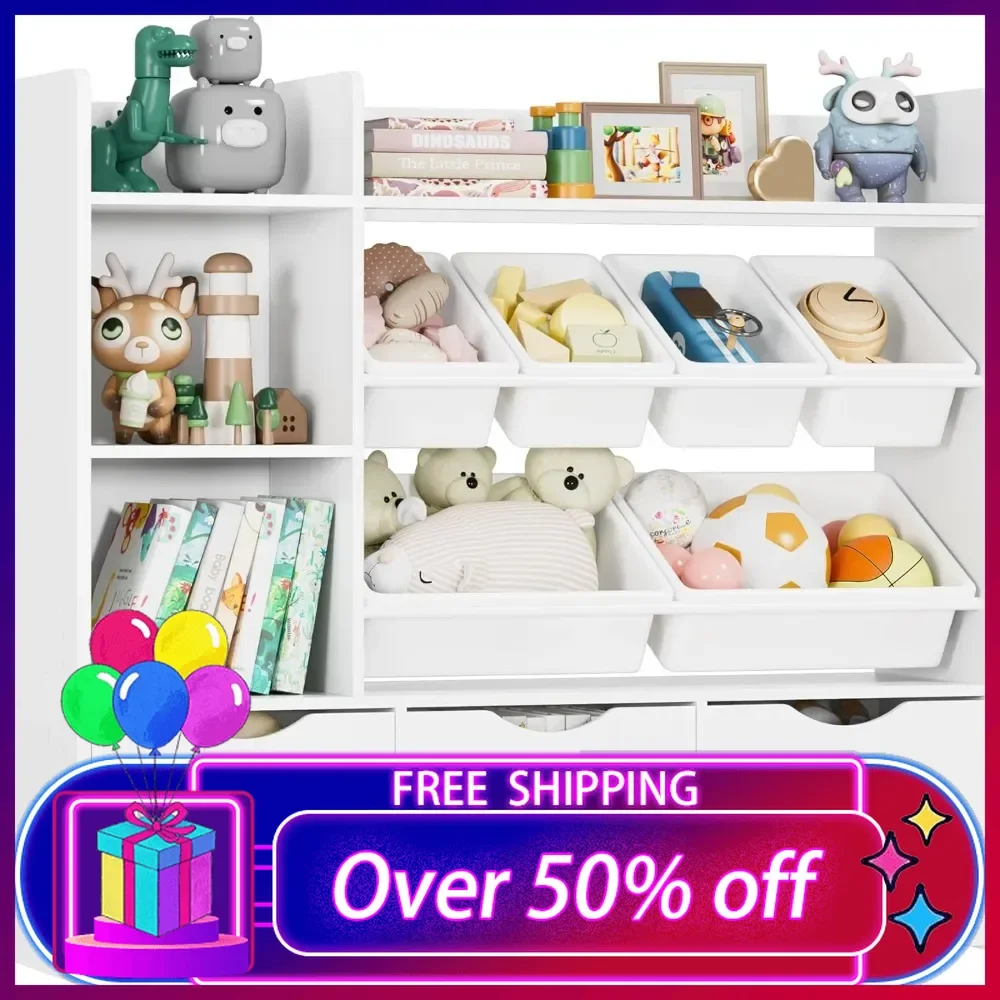 

Toy Storage Organizer with 3 Movable Drawers,Bookshelf and Bookcase with 6 Plastic Bins&2 Storage Cubbies,Toy Chest with Wheels