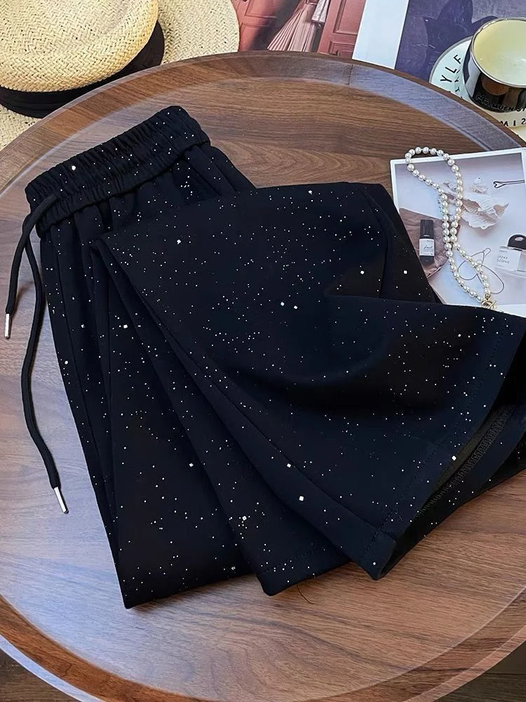 أنيقة واسعة الساق السراويل النساء عالية الخصر السراويل الكورية غير رسمية الربيع فضفاضة الإناث الدانتيل يصل موضة Sweatpants السوداء