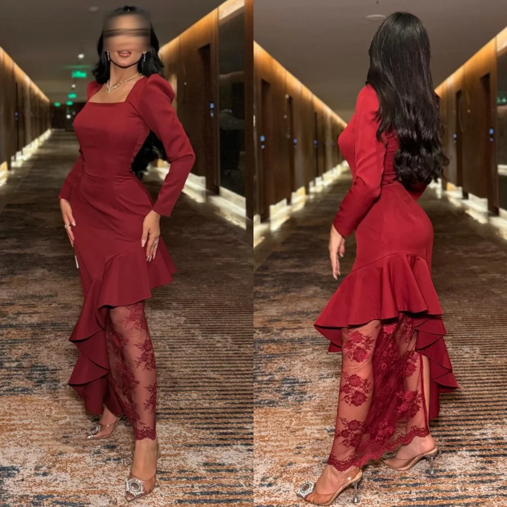 

Customized Retro Jersey Pleat Ruffle Column Square Neck Midi Dresses Bespoke Occasion Dresses Elegant Exquisite