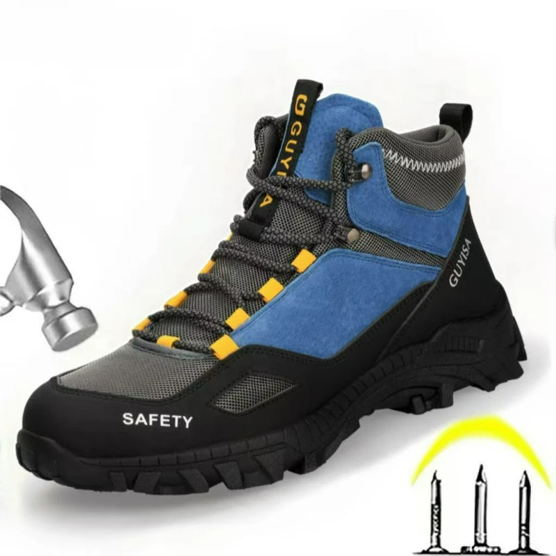 

Мужские защитные ботинки с высоким берцем, рабочие ботинки, защита от ударов и проколов, мужские кроссовки со стальным носком, нескользящие, неразрушимые.