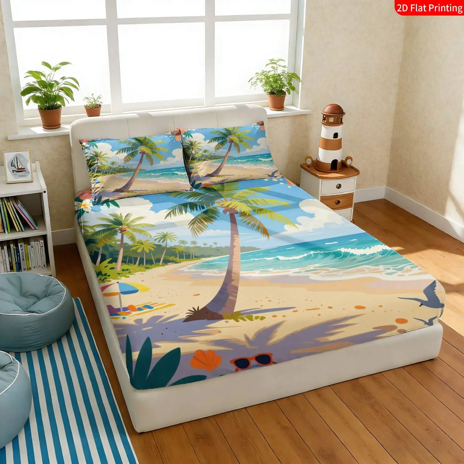 3-Piece Mattress Protector Set, Tropical Beach Bedding Set - Palm Tree, Coconut, Seagull Print Fitted Sheet and Pillowcase, Blue-Green Theme Fitted Sheet, Mattress Protector, Stain-Resistant, Suitable for All Seasons, Machine Washable, Easy to Care For, Suitable for Home Bedrooms, Essential for Dorms and Rentals, Master Bedroom and Guest Room Decoration, Dust-Proof and Stain-Resistant, High Elasticity, Fits Various Sizes