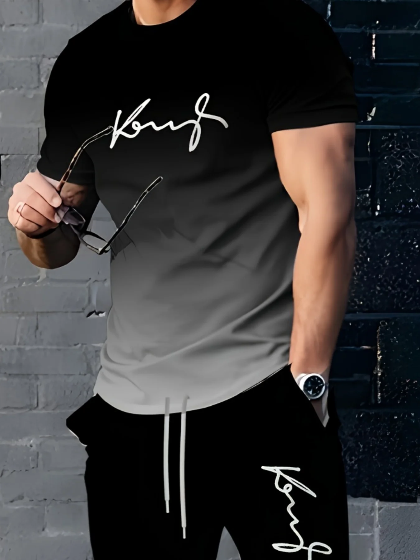 2pcs Summer Men\'s T-Shirts+Sport Long Pants Fashion Casual Sportswear Outdoor Fitness Letter Printing Top Male Tracksuit Outfit
