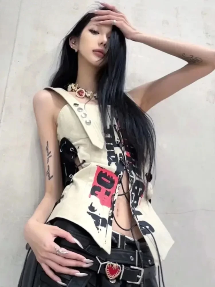 

Crop Tops Women Clothing 2025 Ropa Mujer Bandage Tunic Summer Vest Fashion Harajuku Letter Print Waistcoat Korean Y2k Camis