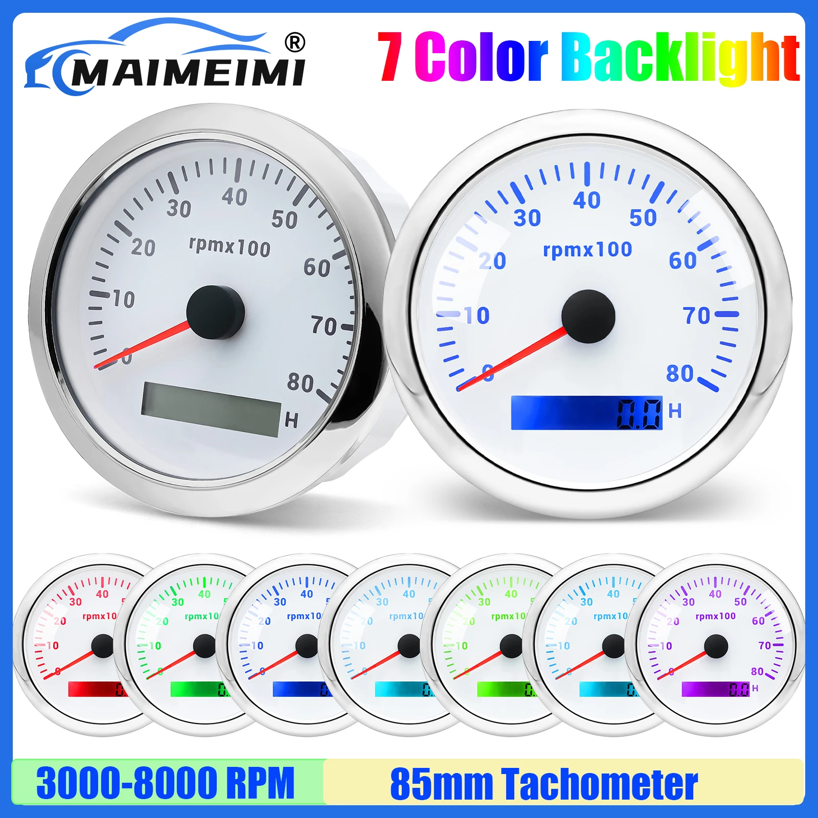 

MAIMEIMI 7 Color Backlight 85MM Tachometer for Universal Auto Car Marine Boat Yacht 3000RPM,4000RPM,6000RPM,7000RPM,8000RPM
