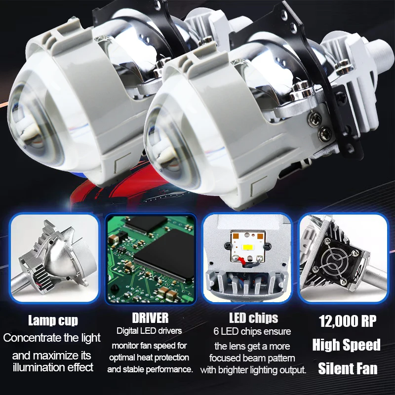 ثنائية جهاز عرض LED العدسات المصابيح الأمامية H7/H4/9005/9006 LED سيارة ضوء للدراجات النارية سيارة صغيرة لمبة 5570 CSP التحديثية 90 واط 2.5 بوصة #2