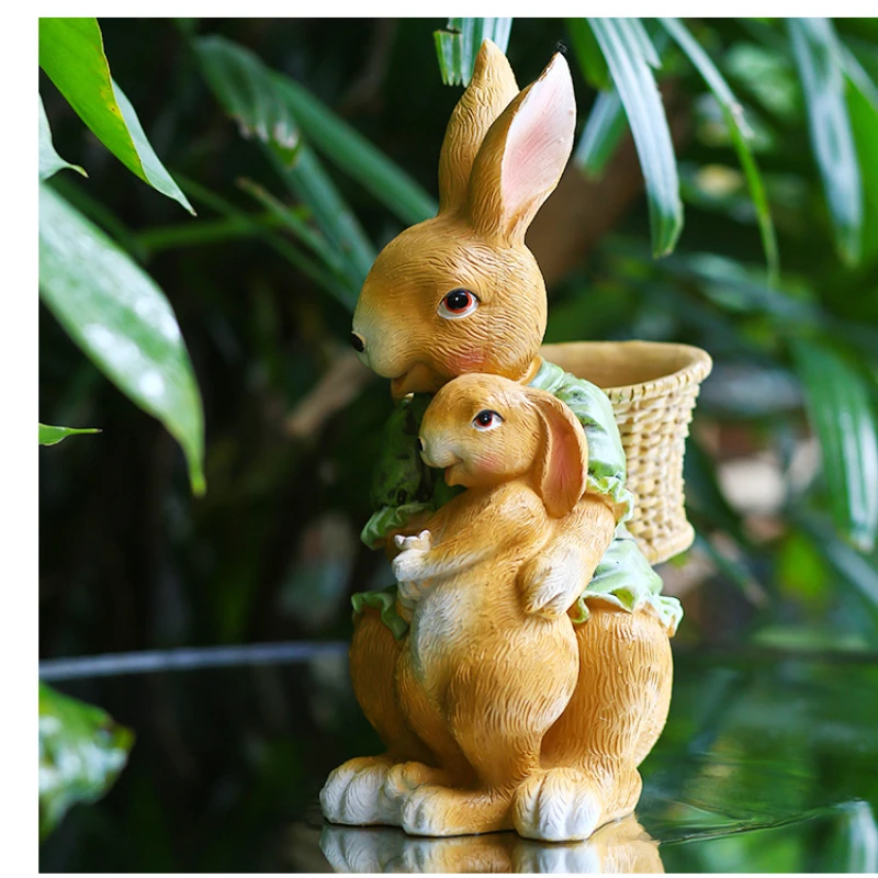 Creative Resin Rabbit Statue Simulation Bunny Family Flowerpot Craft Ornaments Yard Garden Outdoor Sculpture Easter Decorations