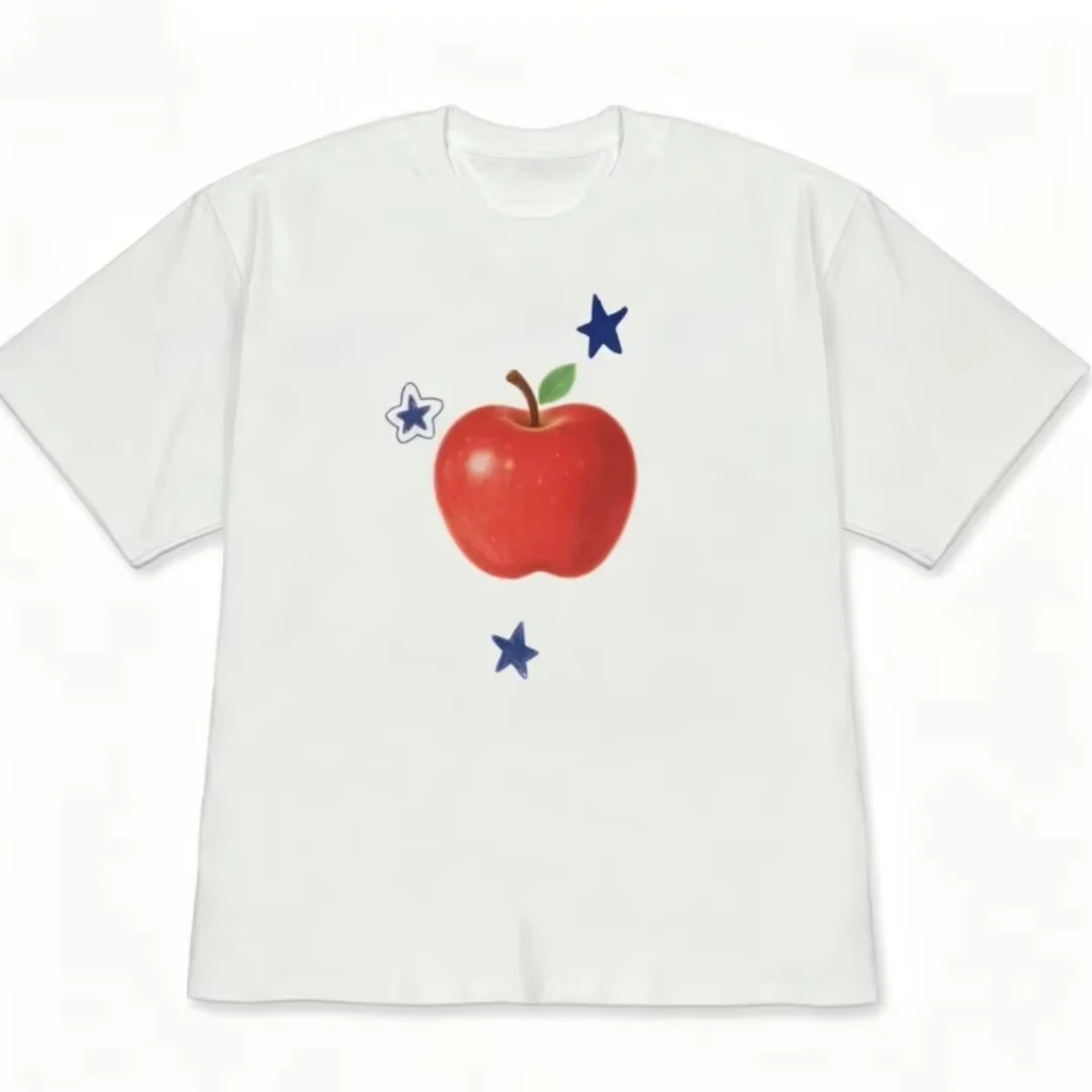 Kawaii Hand Drawn Strawberry Star Print T Shirts For Women Sweet Fruit Graphic Short Sleeve Casual Daily Tops Y2k Korean-style