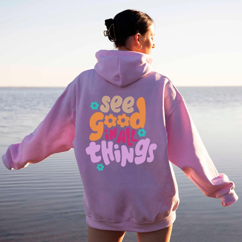 Colored See Good In All Things Hoodie Retro Women Long Sleeve Inspirational Christian Pullovers