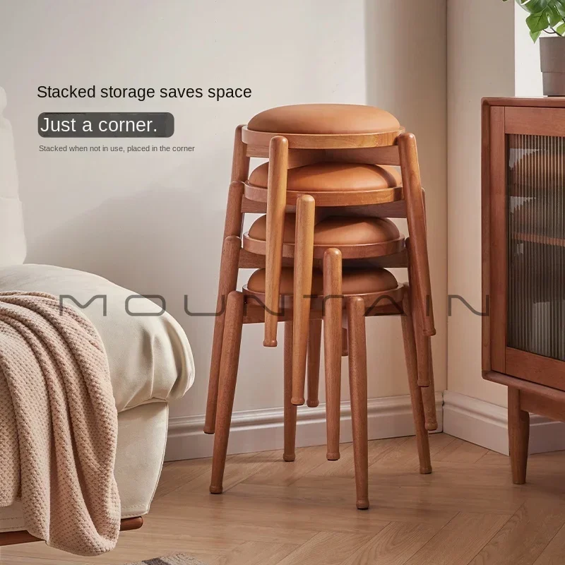 All solid wood soft bag low stool stackable cherry wood color home chair