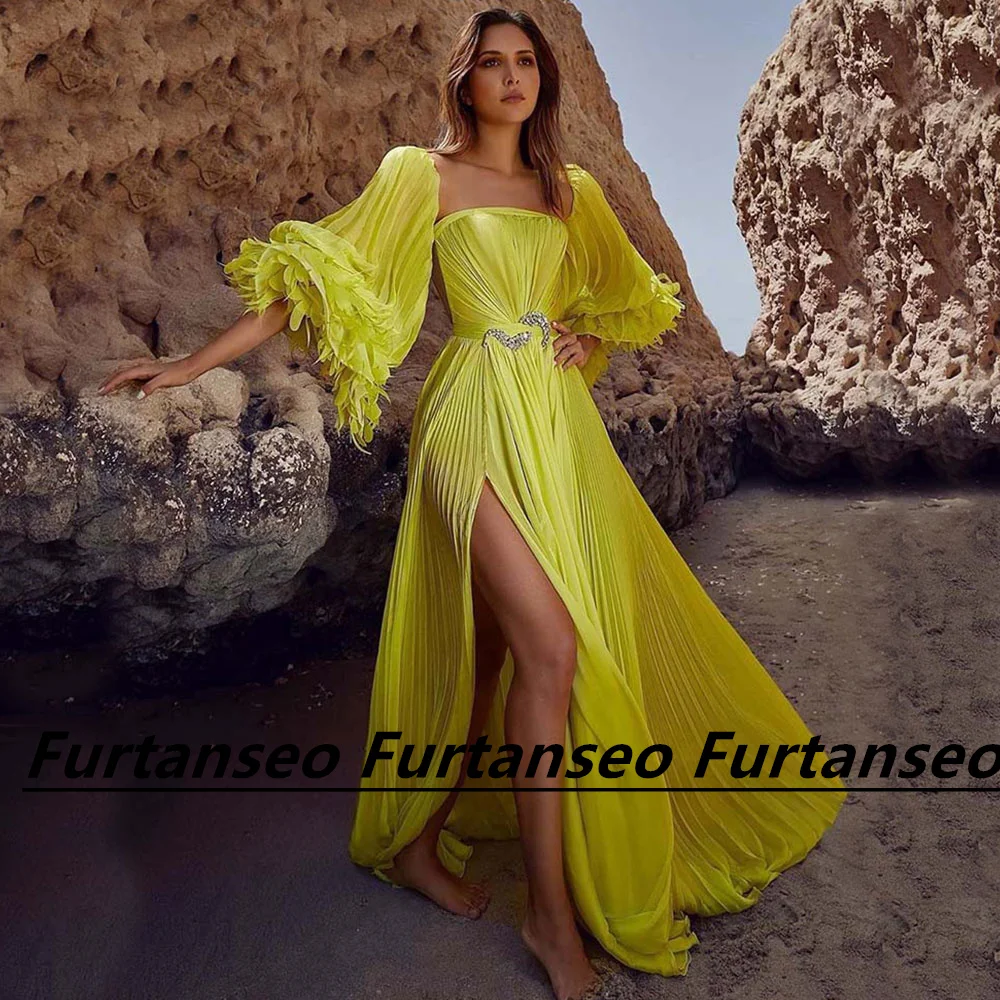 

Yellow A-Line Vestidos De Gala Draped Square Neck High Split Flare Sleeve With Crystal Sweep Train Dubai Women's Evening Dress