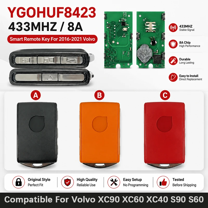 CN050002 Remote Card 4-Button Smart Key PN 32256980 YGOHUF8423 433 Mhz 8A Chip Compatible For Volvo XC90 XC60 XC40 S90 S60 2016+