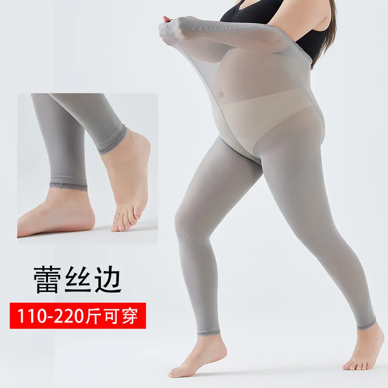 

Леггинсы для полных женщин Plus Size FatmmNine, подходят для весны и осени, тонкий фасон, темно-серые колготки, светло-серое кружево