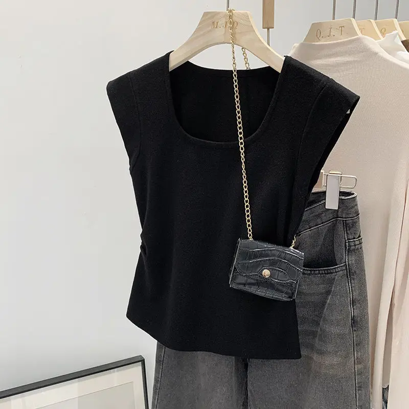 الحلو محبوك تي شيرت للنساء المشارب ساحة الرقبة الكورية موضة تي شيرت الربيع الصيف أساسيات بسيطة Ropa De Mujer