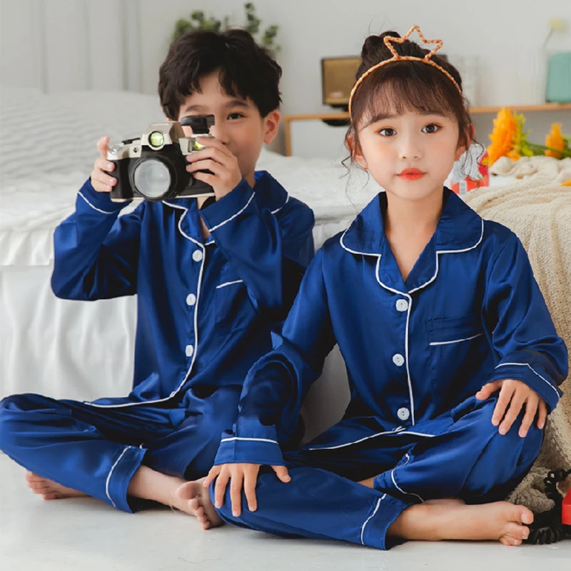 Conjunto de Pijama de satén de seda para niños y niñas, ropa de dormir de color liso, para otoño