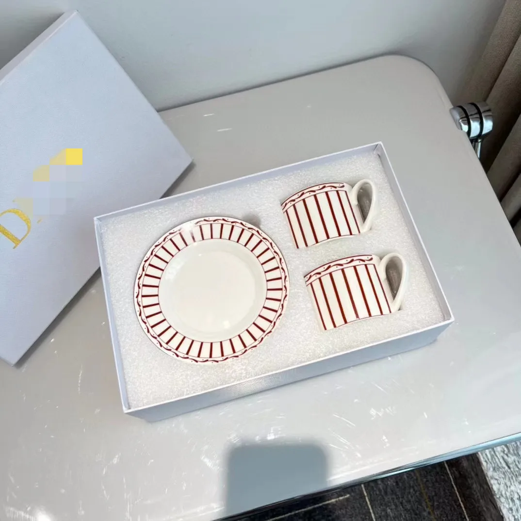 Simple Line Four Piece Bone China Coffee Cup and Plate Set  2 Cups and 2 Plates  Afternoon Tea Set Gift