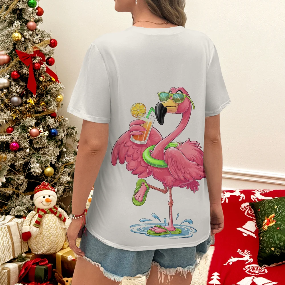 Wit T-shirt voor dames met cartoon-flamingo-kunstprint Casual zomerstijl Top met ronde hals en korte mouwen voor dagelijks Y2K-streetwear