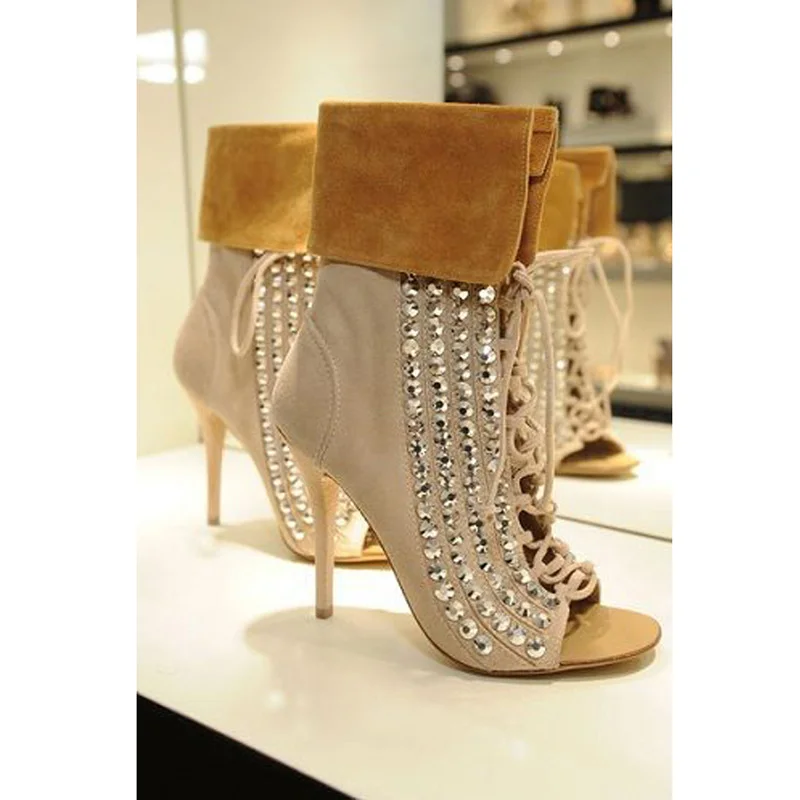 

Woman Sexy Crystal Embellished Ankle Boots Peep Toe Foldover Patchwork Woman Crossed Lace Up Boots Women Short Boots