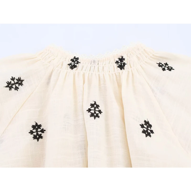 YENKYE Nieuwe 2025 Vrouwen Vintage Bladerdeeg Mouw Lace Up Ronde Hals Borduren Blouse Casual Los Shirt Zomer Tops