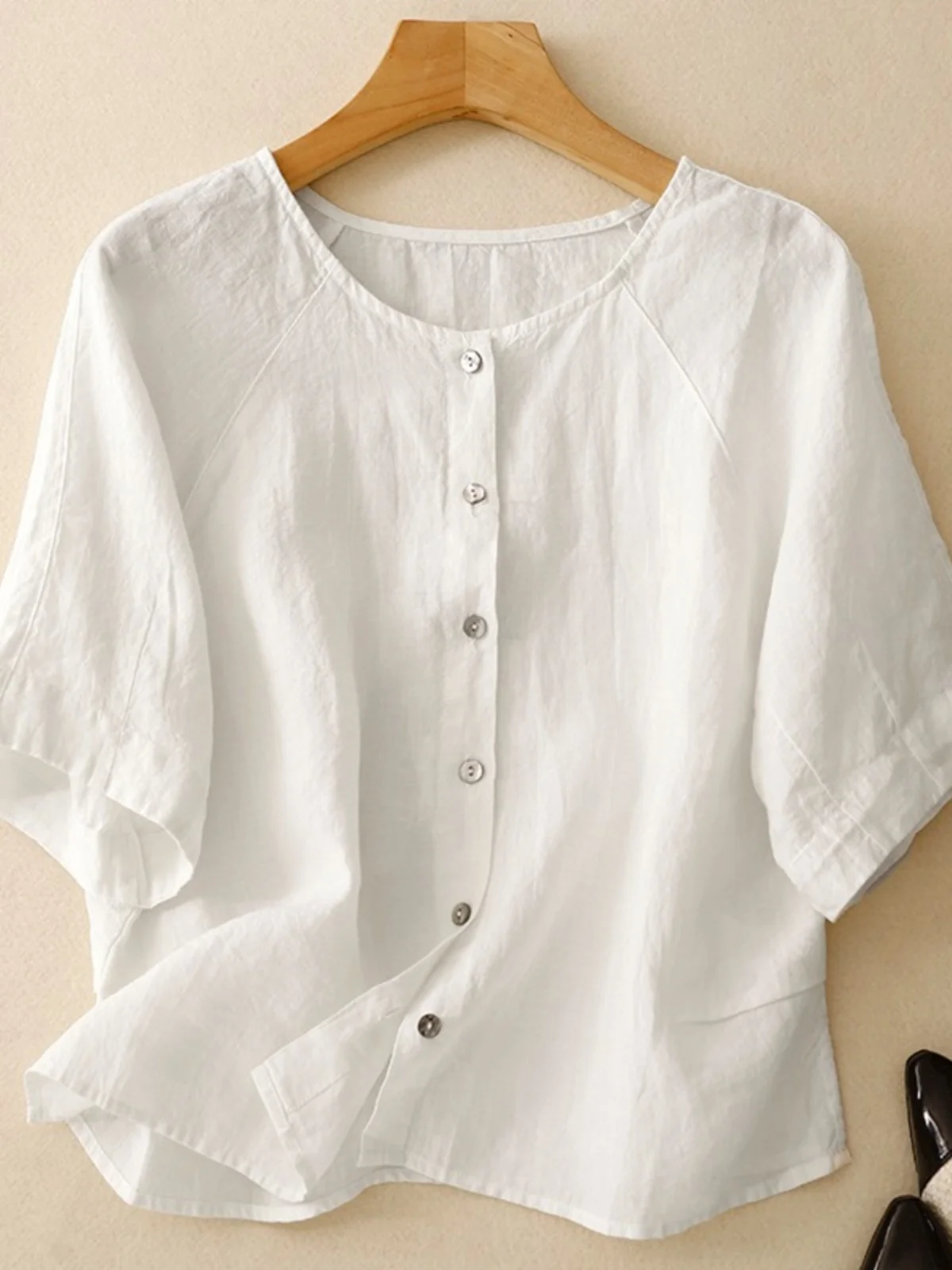 Retro Luźny Krój Okrągły Dekolt Lniany Top Damski Letni Vintage Prosty Biały Bawełniany Top