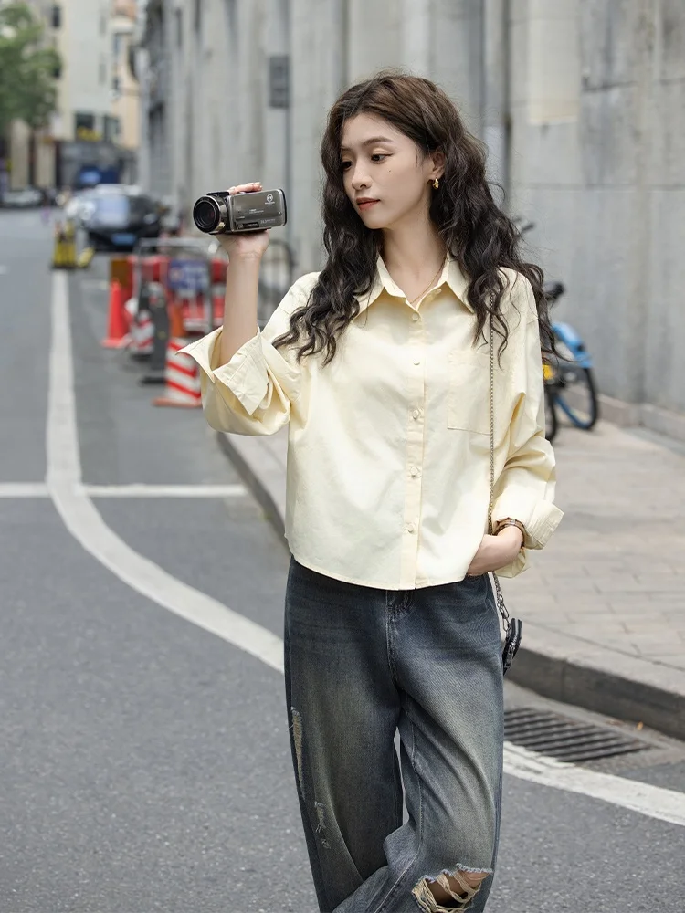 

Loose Long Sve Yellow irt Women's ort Collar Flip irt Autumn New Sle Comfortable Casual Match All Season Korean Sle