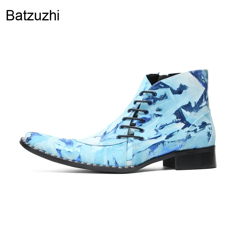 

Синие кожаные ботильоны Batzuzhi ручной работы, мужские роскошные мужские ботинки в стиле панк, модные вечерние ботинки на молнии на шнуровке, мужские свадебные ботинки, US6-12