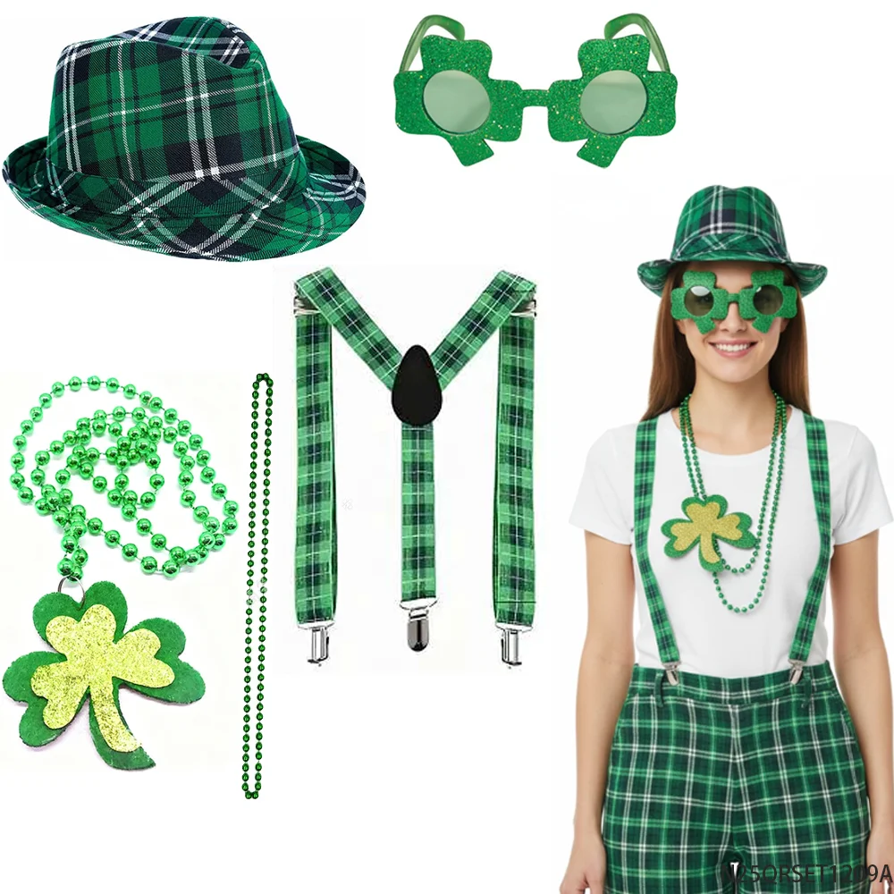 

PESENAR St Patricks Day Green Plaid Party Set Hat Glasses Beaded Necklace Suspenders Accessory